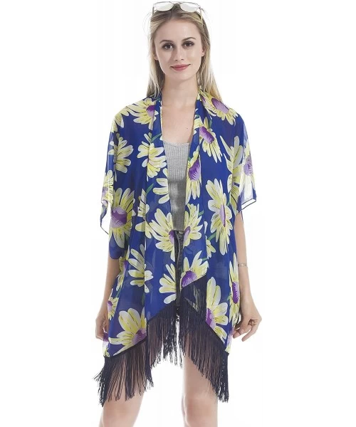 Cover-Ups Women Kimono Cardigan Tassel Vintage Floral Beach Cover up - Blue-2 - C818DTWHUDK