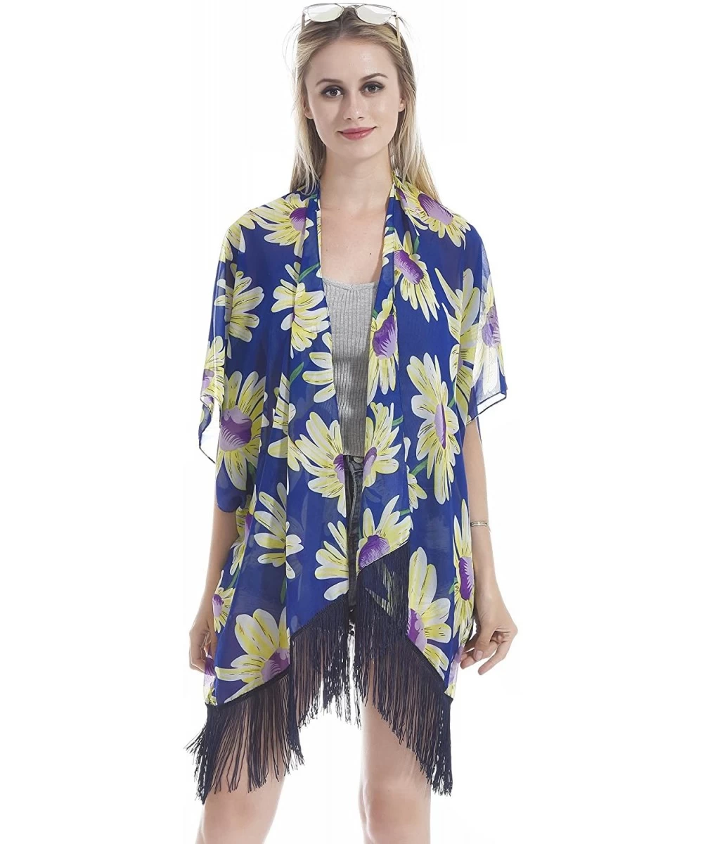 Cover-Ups Women Kimono Cardigan Tassel Vintage Floral Beach Cover up - Blue-2 - C818DTWHUDK