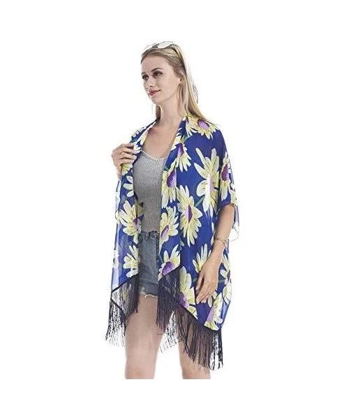 Cover-Ups Women Kimono Cardigan Tassel Vintage Floral Beach Cover up - Blue-2 - C818DTWHUDK