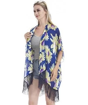 Cover-Ups Women Kimono Cardigan Tassel Vintage Floral Beach Cover up - Blue-2 - C818DTWHUDK