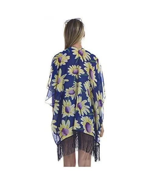 Cover-Ups Women Kimono Cardigan Tassel Vintage Floral Beach Cover up - Blue-2 - C818DTWHUDK