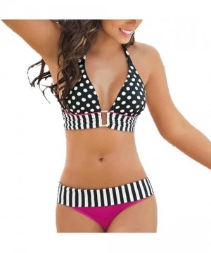 Sets Women Striped Bikini Set Polka Dot Swimwear Halter Bandage Push Up Swimsuit Bathing Beachwear (XL Hot Pink) Hot Pink - C...