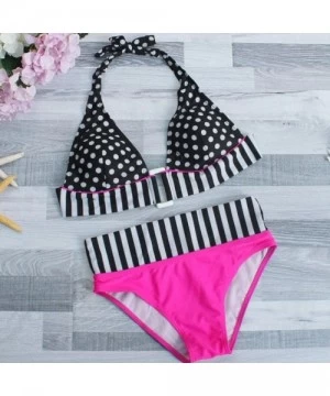 Sets Women Striped Bikini Set Polka Dot Swimwear Halter Bandage Push Up Swimsuit Bathing Beachwear (XL Hot Pink) Hot Pink - C...