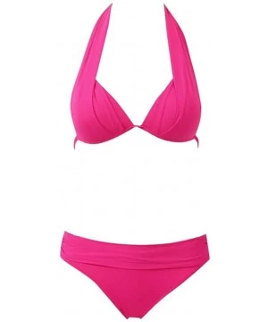 Sets Women's String Two Piece Halter Top Triangle Bikini Set with Tie Side Bottom Sexy Swimsuit Bathing Suits Hot Pink - CB18...