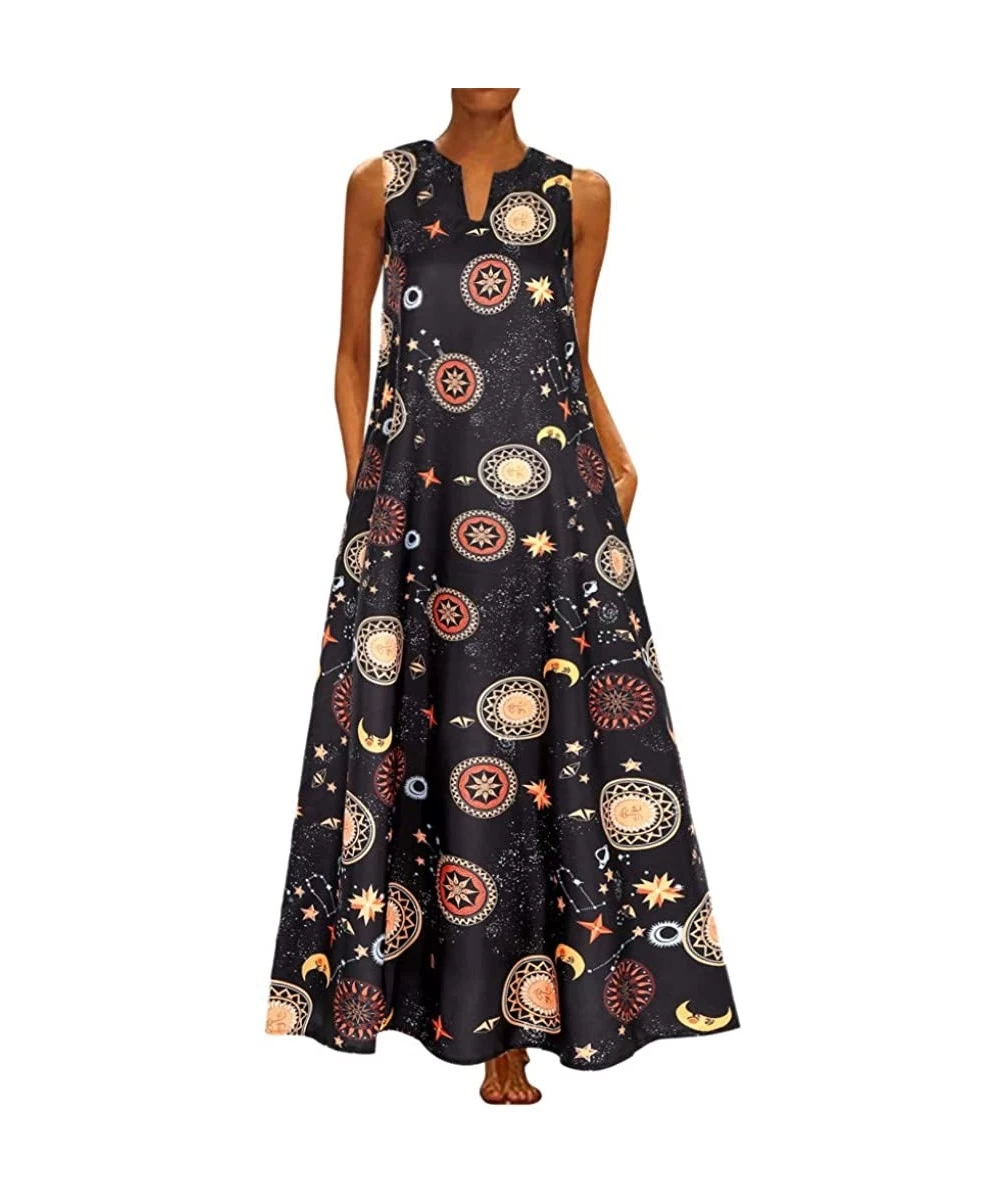 Cover-Ups Women's Sleeveless V-Neck Long Tank Dress Vintage Print Summer Boho Casual Loose Party Maxi Dresses - Z1-black - CG...