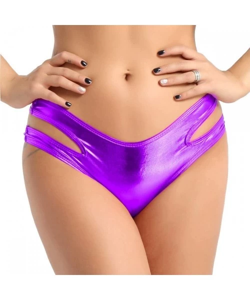 Bottoms Women's Shiny Metallic Strappy Bikini Booty Shorts Swimsuit Bottom - Purple - CZ18L7G9A6C