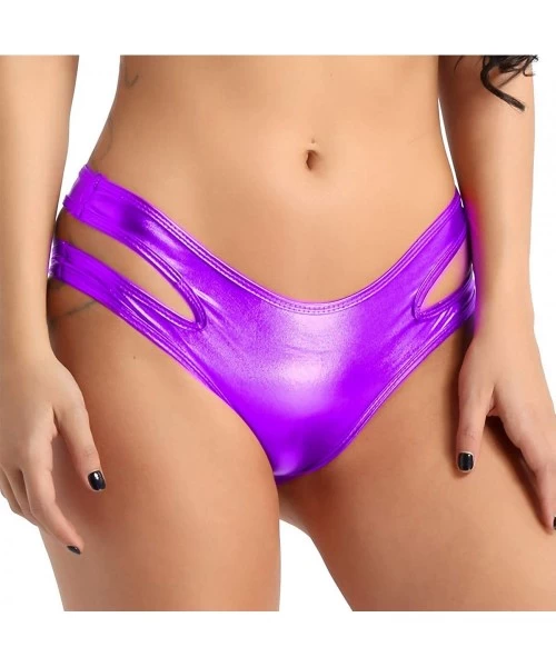 Bottoms Women's Shiny Metallic Strappy Bikini Booty Shorts Swimsuit Bottom - Purple - CZ18L7G9A6C