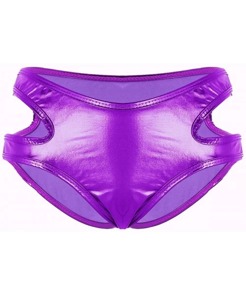 Bottoms Women's Shiny Metallic Strappy Bikini Booty Shorts Swimsuit Bottom - Purple - CZ18L7G9A6C