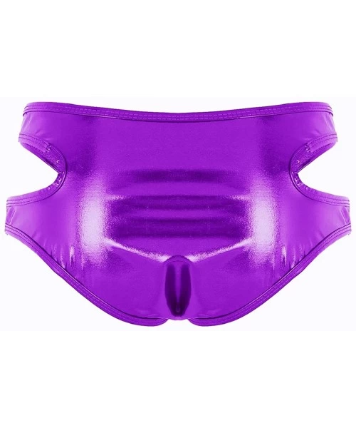 Bottoms Women's Shiny Metallic Strappy Bikini Booty Shorts Swimsuit Bottom - Purple - CZ18L7G9A6C