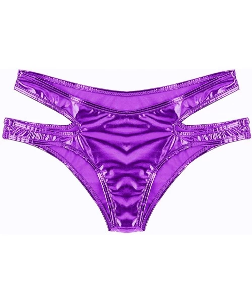 Bottoms Women's Shiny Metallic Strappy Bikini Booty Shorts Swimsuit Bottom - Purple - CZ18L7G9A6C