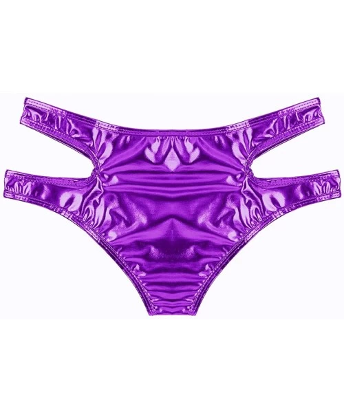 Bottoms Women's Shiny Metallic Strappy Bikini Booty Shorts Swimsuit Bottom - Purple - CZ18L7G9A6C