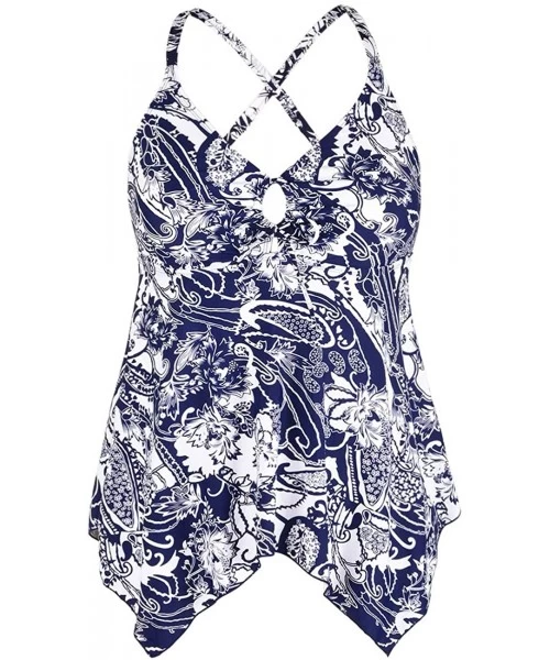 Tankinis Women's Tankini Swimsuits Modest Flowy Crossback Plus Size Bathing Suit Top - Blue&white Flower - CG18YA4U0T9