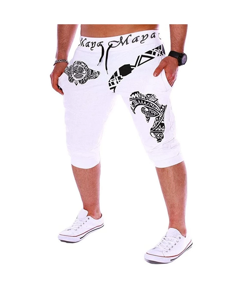 Trunks Men's Shorts Casual Elastic Waist 3/4 Workout Jogger Capri Pants with Drawstring - Whitea - C618XXG8SSU