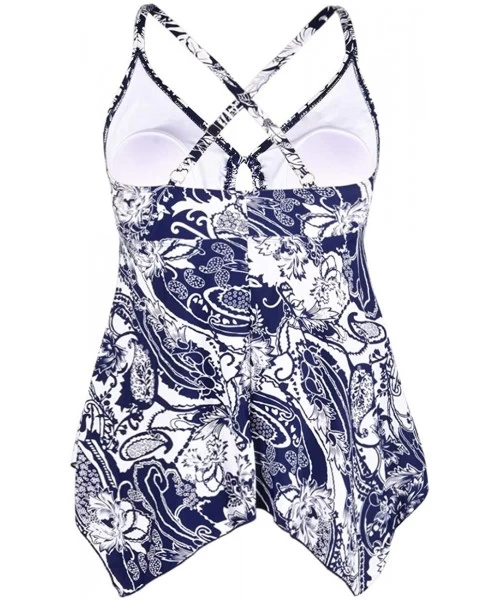 Tankinis Women's Tankini Swimsuits Modest Flowy Crossback Plus Size Bathing Suit Top - Blue&white Flower - CG18YA4U0T9