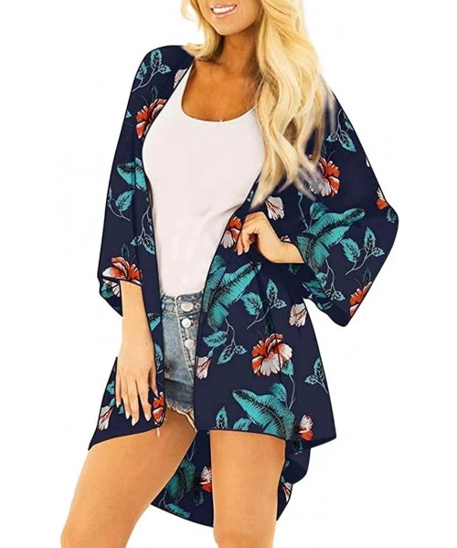 Cover-Ups Women's Chiffon Shawl Kimono Floral Print Cardigan Tops Blouse Beachwear - D Black - CY199MK560Q