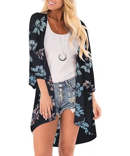 Cover-Ups Women's Chiffon Shawl Kimono Floral Print Cardigan Tops Blouse Beachwear - D Black - CY199MK560Q