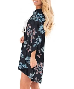 Cover-Ups Women's Chiffon Shawl Kimono Floral Print Cardigan Tops Blouse Beachwear - D Black - CY199MK560Q