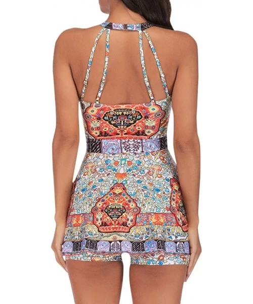 Tankinis Women 2 Piece Flounce Printed Top with Boyshorts Tankini Bathing Suits - C11974C8E0I