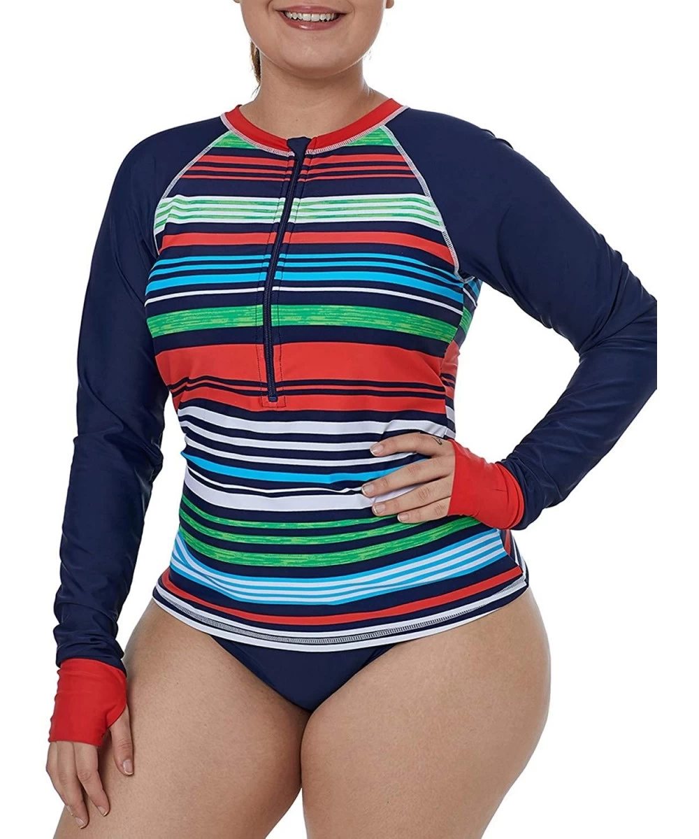 Rash Guards Womens Long Sleeve Rashguard Swimsuit Zip Front Color Block Print Tankini Swimsuit No Bottom Plus Size - Multicol...