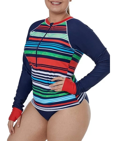 Rash Guards Womens Long Sleeve Rashguard Swimsuit Zip Front Color Block Print Tankini Swimsuit No Bottom Plus Size - Multicol...