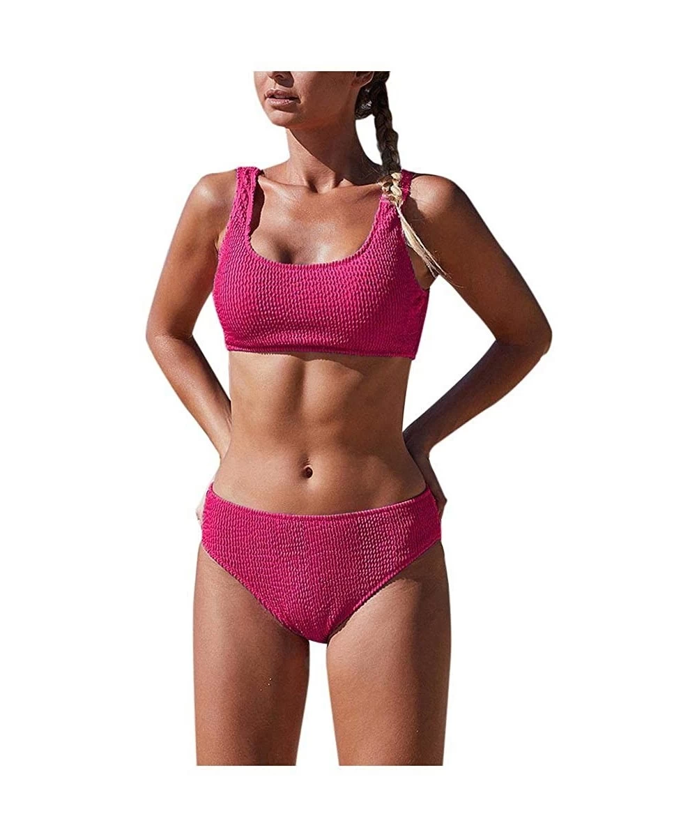 Sets Women Solid Backless Bikini Solid Smocking Bikini Set Tankini Swimwear Wide Straps Padded Bandeau Bikini Set Hot Pink - ...