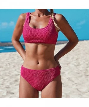 Sets Women Solid Backless Bikini Solid Smocking Bikini Set Tankini Swimwear Wide Straps Padded Bandeau Bikini Set Hot Pink - ...