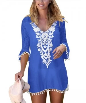 Cover-Ups Women's Pom Pom Trim Tassel Lace Crochet Swimwear Beach Cover up - Light Blue - CK18LK7HEIO