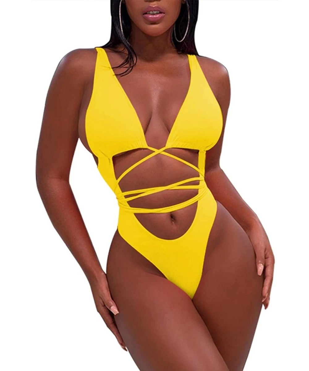 One-Pieces Women's Sexy One Piece Swimsuits Bikini Bathing Suit - Yellow - CK180O6ZG8Y