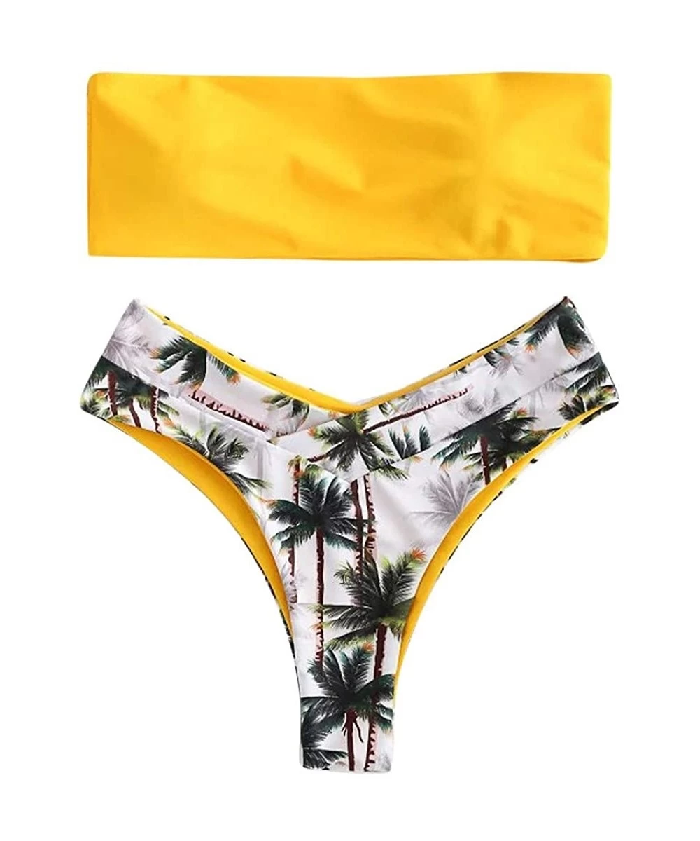 Sets Women Bandeau Bikini Set Two Piece Strapless Fruit Print Swimsuit Off Shoulder High Cut Bathing Suit - Yellow_a - C0196Z...