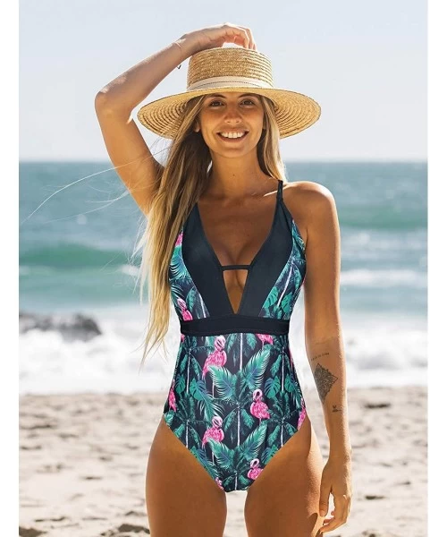 One-Pieces V Neck One Piece Swimsuit Women Floral Print Back Cross Straps Bathing Suit - Print40 - CJ19GD295XM