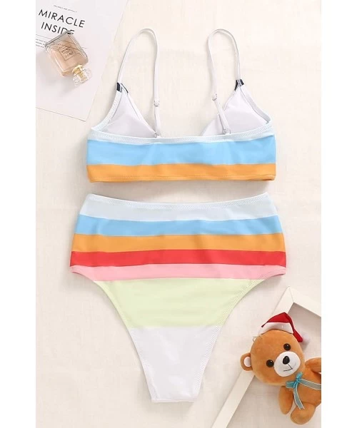 Sets Bikini Swimwear Womens High Waisted Two Piece Swimsuit Tie Knot High Cut Bathing Suit for Women - Rainbow Print - CP198O...