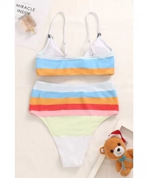 Sets Bikini Swimwear Womens High Waisted Two Piece Swimsuit Tie Knot High Cut Bathing Suit for Women - Rainbow Print - CP198O...