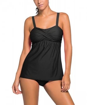 Tankinis Women's Solid Ruched Tankini Top Swimsuit with Triangle Briefs - Black - CH12JFXQSGJ