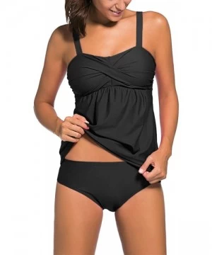 Tankinis Women's Solid Ruched Tankini Top Swimsuit with Triangle Briefs - Black - CH12JFXQSGJ