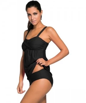 Tankinis Women's Solid Ruched Tankini Top Swimsuit with Triangle Briefs - Black - CH12JFXQSGJ