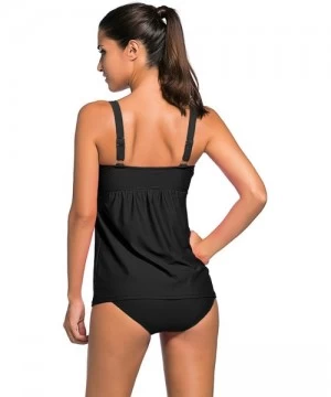 Tankinis Women's Solid Ruched Tankini Top Swimsuit with Triangle Briefs - Black - CH12JFXQSGJ