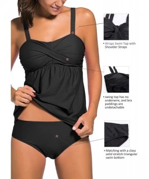 Tankinis Women's Solid Ruched Tankini Top Swimsuit with Triangle Briefs - Black - CH12JFXQSGJ