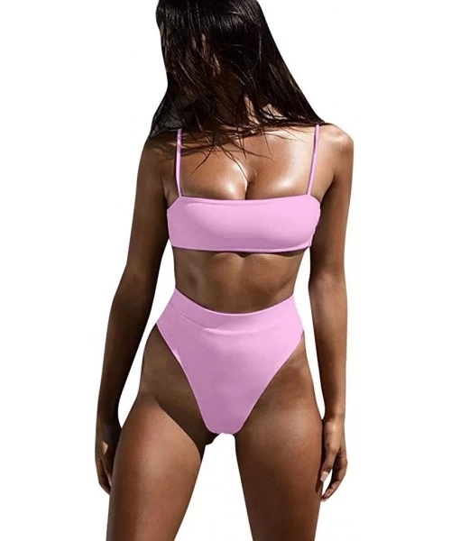 Sets Women Bandeau High Waisted Stripe Pattern Two Piece Swimsuits Bikini Set - Pink - CV18NM4SWEE