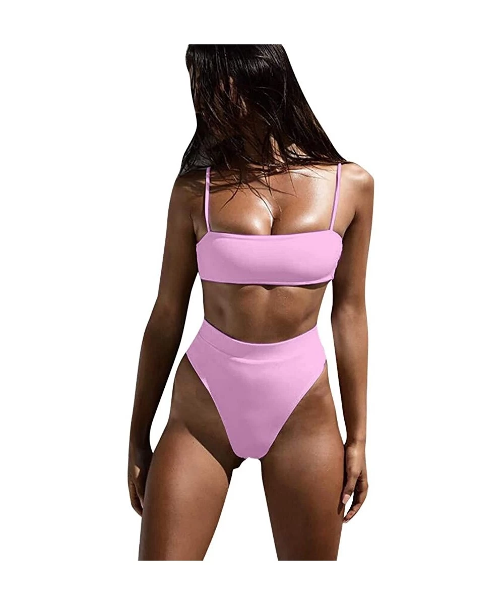 Sets Women Bandeau High Waisted Stripe Pattern Two Piece Swimsuits Bikini Set - Pink - CV18NM4SWEE