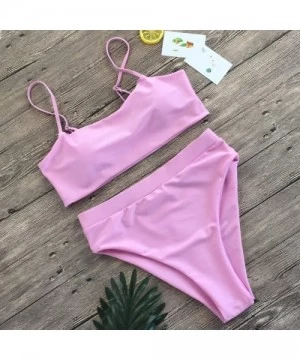 Sets Women Bandeau High Waisted Stripe Pattern Two Piece Swimsuits Bikini Set - Pink - CV18NM4SWEE