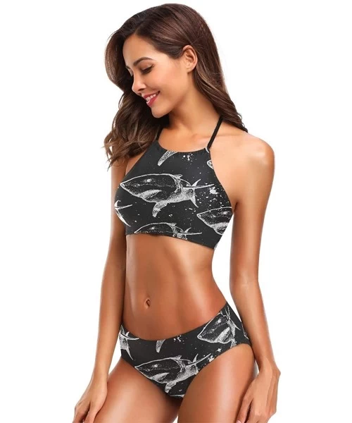 Sets Shark Anchor Mermaid Sloth Bikini Swimsuit Womens High Neck Halter Two Piece Bathing Suit - Black - CJ18QHUEMAM