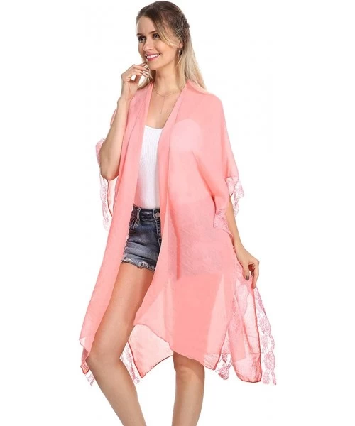 Cover-Ups Women Kimono Beach Swimsuit Cover Up Cardigan - Pink - CO1947KNW7C