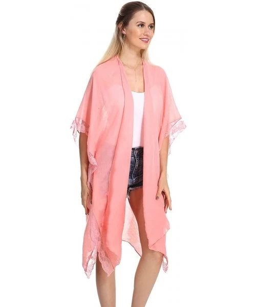 Cover-Ups Women Kimono Beach Swimsuit Cover Up Cardigan - Pink - CO1947KNW7C