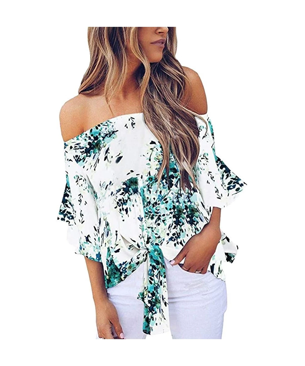 Racing Off Shoulder Blouses for Womens- Floral Stripe Bell Sleeve Baggy Tie Knot Tops Casual Shirts - 5 Green - CQ18SLULI0E