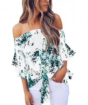 Racing Off Shoulder Blouses for Womens- Floral Stripe Bell Sleeve Baggy Tie Knot Tops Casual Shirts - 5 Green - CQ18SLULI0E