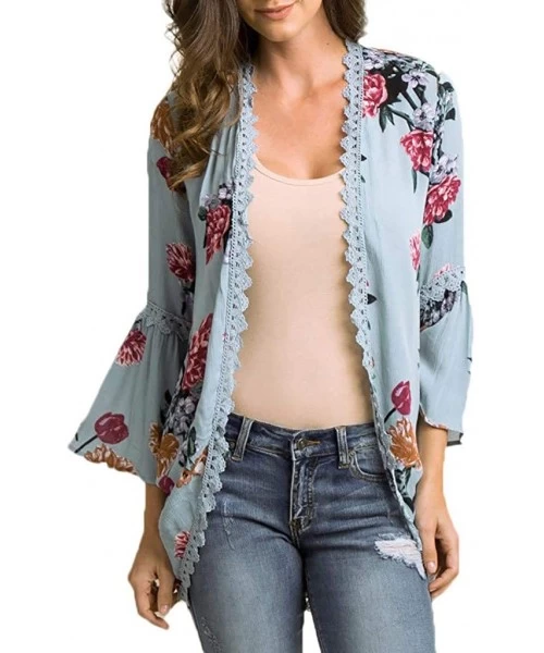 Tankinis Chiffon Shawl Print Lace Kimono Cardigan Cover Up Flare Sleeve Beachwear Women - Blue - CE18OM8HEWM