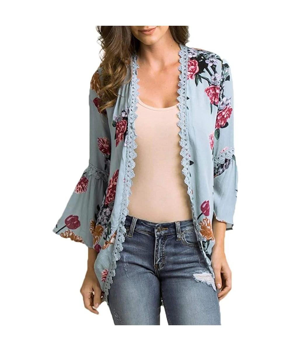 Tankinis Chiffon Shawl Print Lace Kimono Cardigan Cover Up Flare Sleeve Beachwear Women - Blue - CE18OM8HEWM