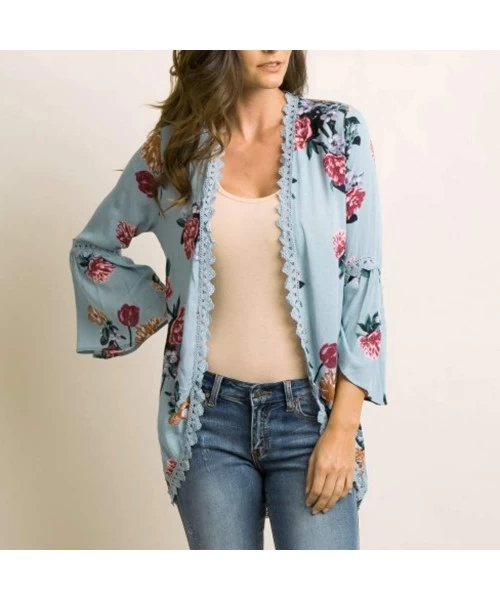 Tankinis Chiffon Shawl Print Lace Kimono Cardigan Cover Up Flare Sleeve Beachwear Women - Blue - CE18OM8HEWM