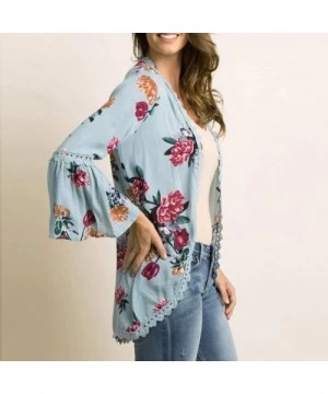 Tankinis Chiffon Shawl Print Lace Kimono Cardigan Cover Up Flare Sleeve Beachwear Women - Blue - CE18OM8HEWM