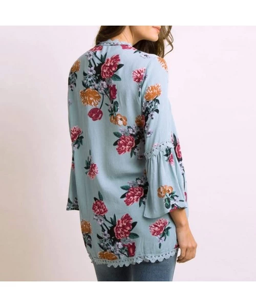 Tankinis Chiffon Shawl Print Lace Kimono Cardigan Cover Up Flare Sleeve Beachwear Women - Blue - CE18OM8HEWM